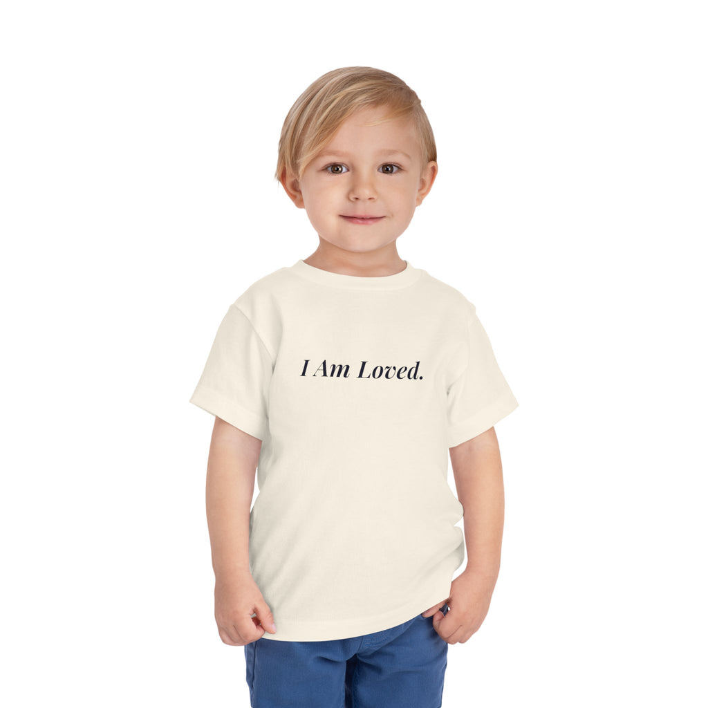 I Am Loved toddler affirmation t-shirt with navy script lettering – additional view