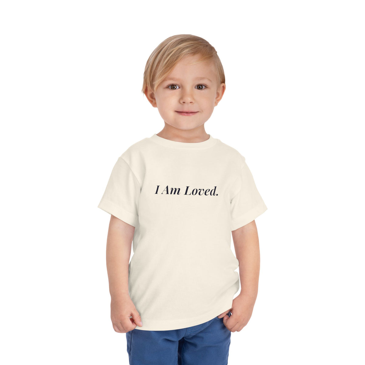 I Am Loved toddler affirmation t-shirt with navy script lettering – additional view