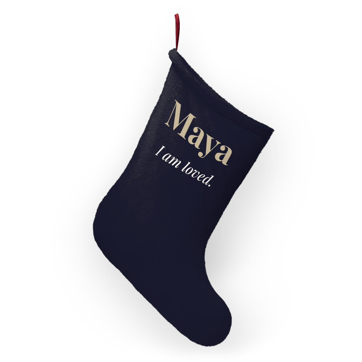 Personalized navy Christmas stocking with child's name in gold and "I am loved." affirmation – additional view