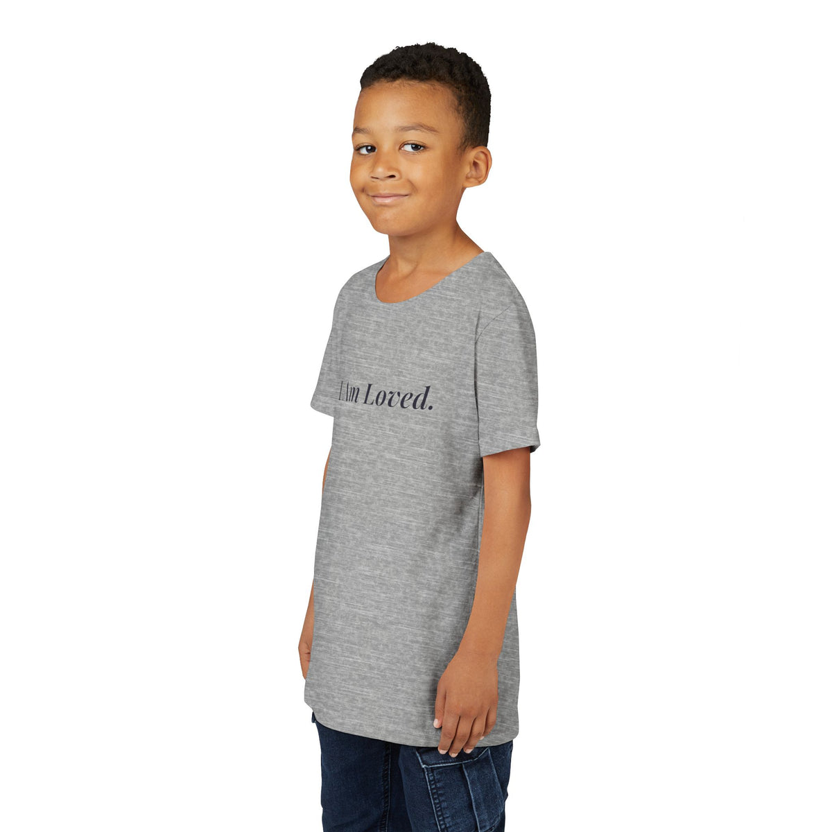 I Am Loved kids affirmation t-shirt with navy script lettering – additional view