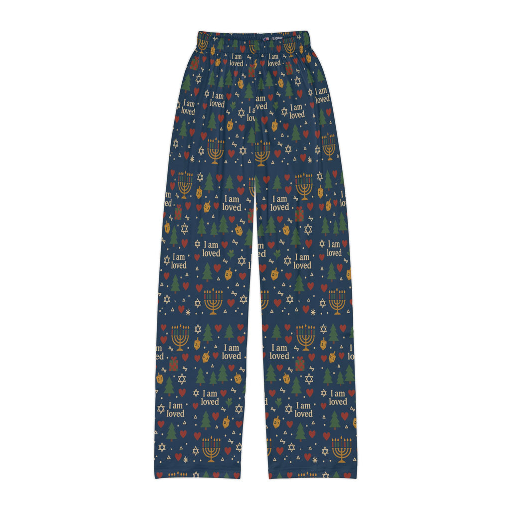I Am Loved kids' holiday lounge pants with Christmas trees, menorahs and hearts on navy – additional view