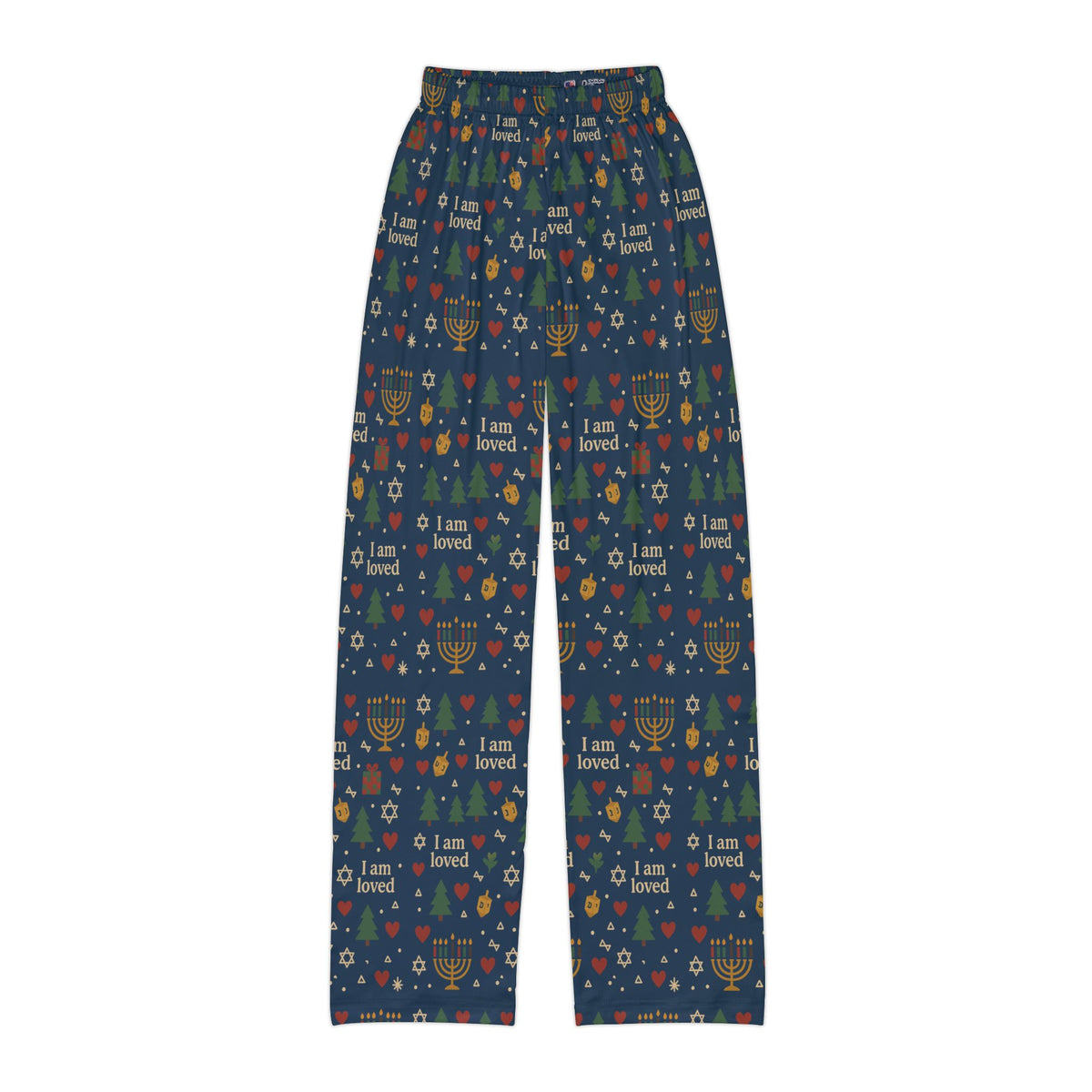 I Am Loved kids' holiday lounge pants with Christmas trees, menorahs and hearts on navy – additional view
