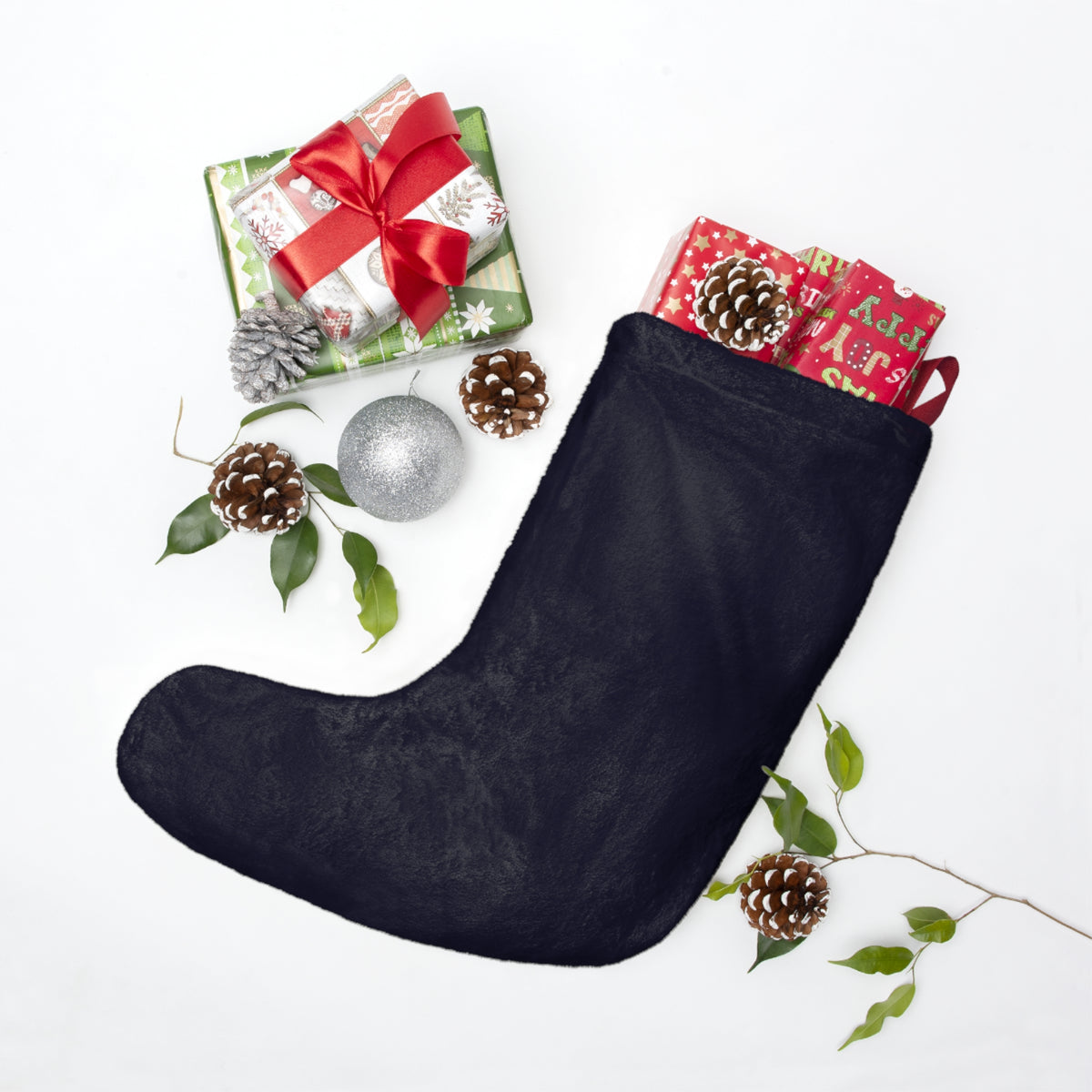 Personalized navy Christmas stocking with child's name in gold and "I am loved." affirmation – additional view