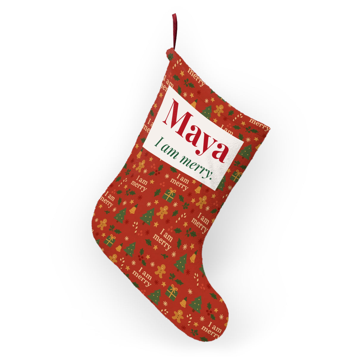 Personalized red gingerbread Christmas stocking with child's name and "I am merry." on a cream panel – additional view