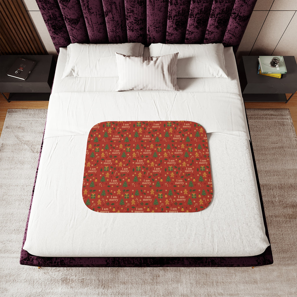 I Am Merry red sherpa blanket with gingerbread, Christmas trees and candy canes pattern – additional view