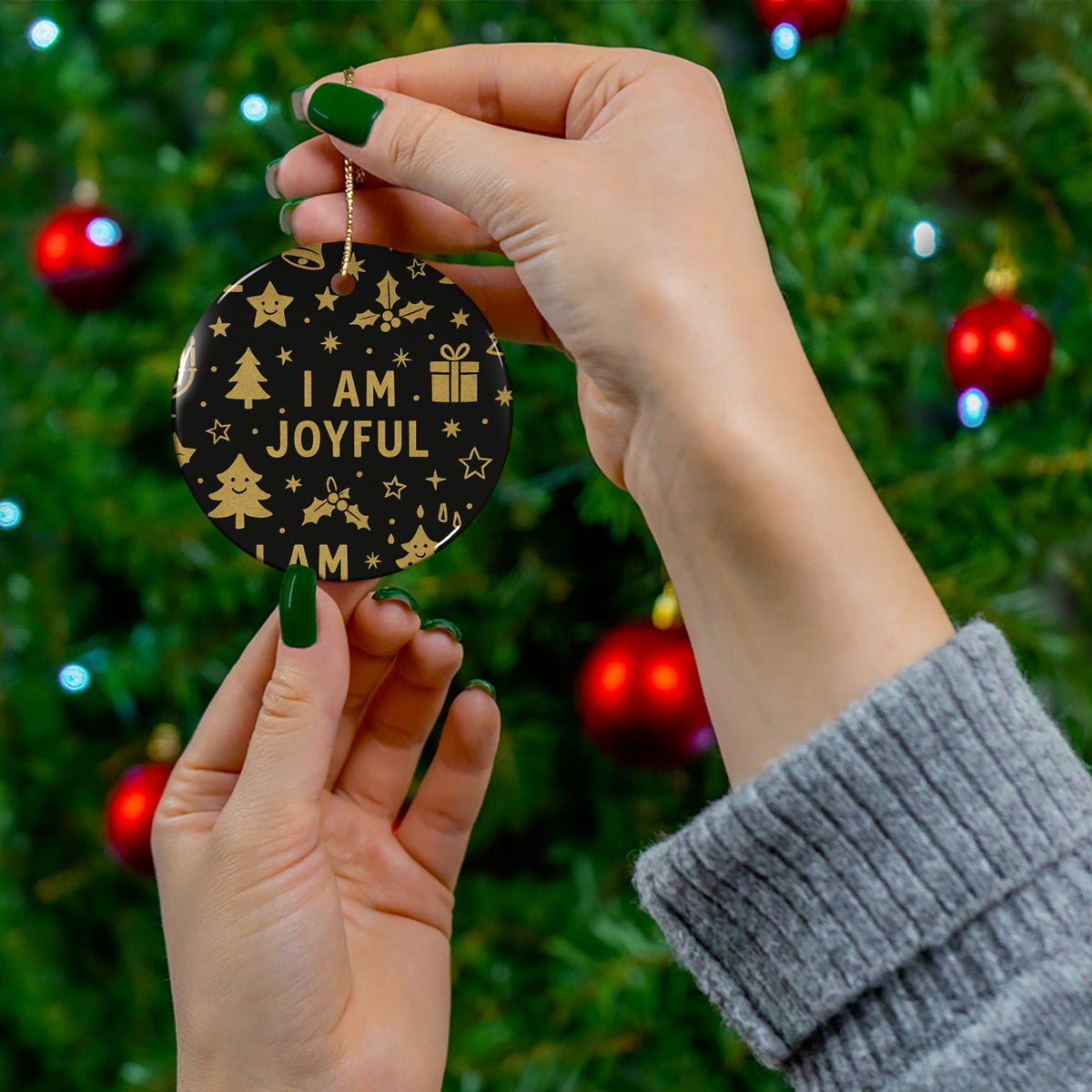 I Am Joyful black and gold ceramic affirmation ornament – another shape