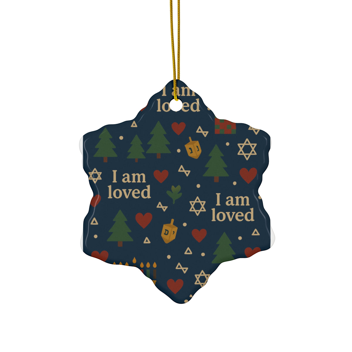 I Am Loved ceramic affirmation ornament with navy holiday pattern – another shape