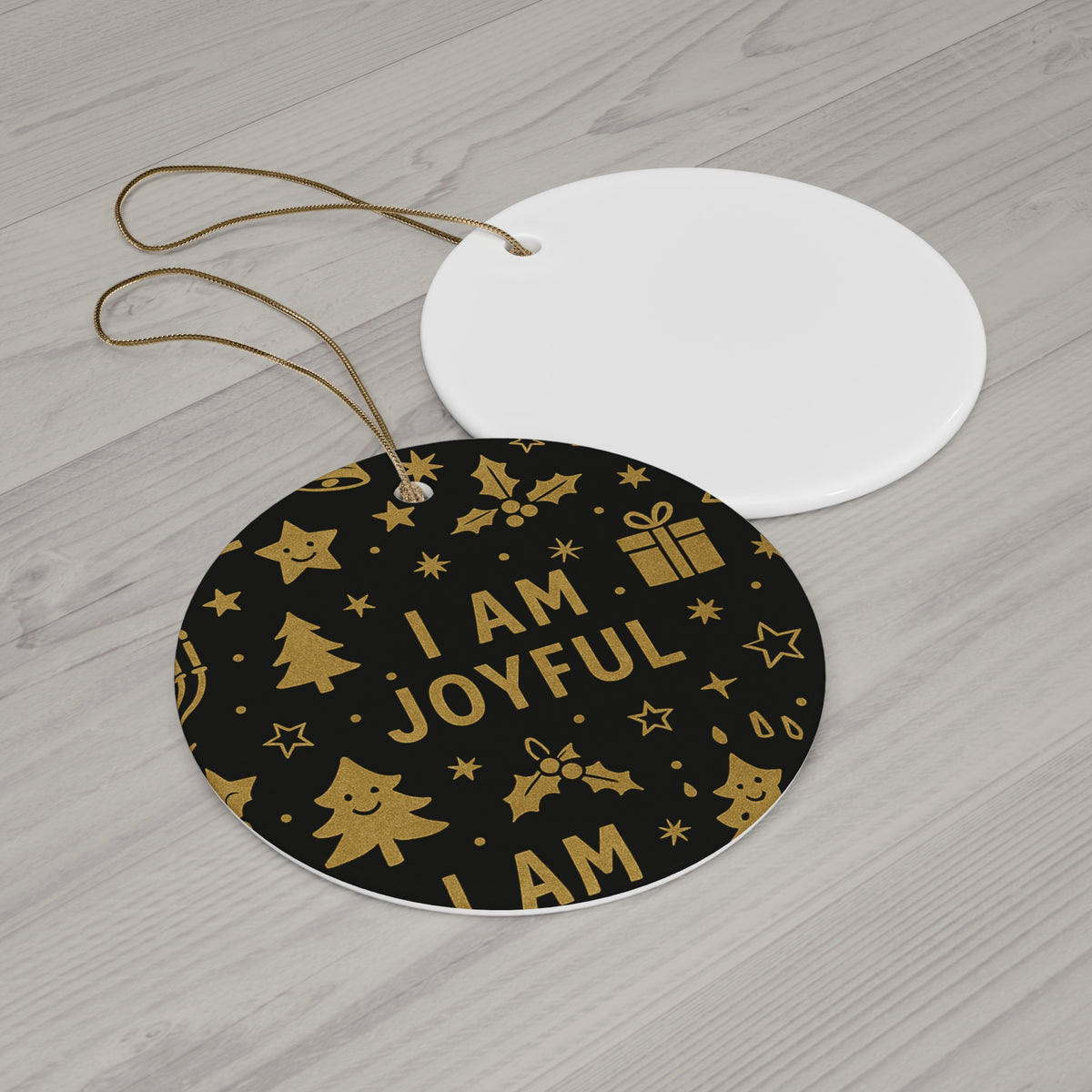 I Am Joyful black and gold ceramic affirmation ornament – alternate view