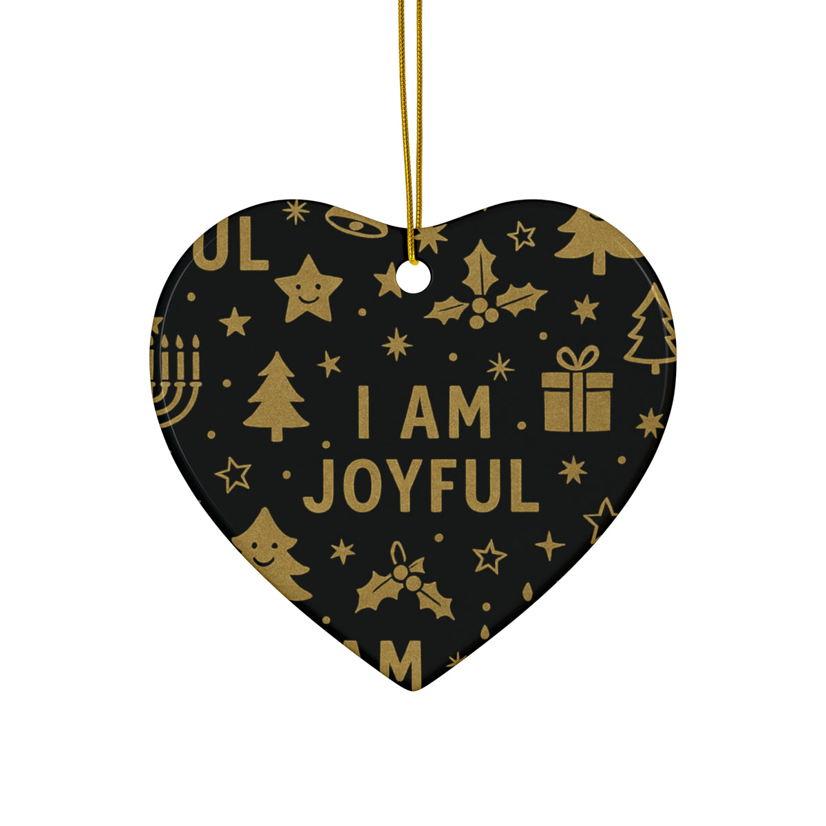 I Am Joyful black and gold ceramic affirmation ornament – alternate view