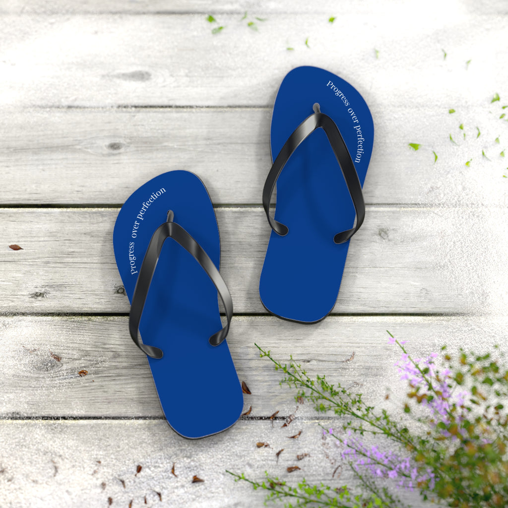 Blue Progress Over Perfection Flip Flops