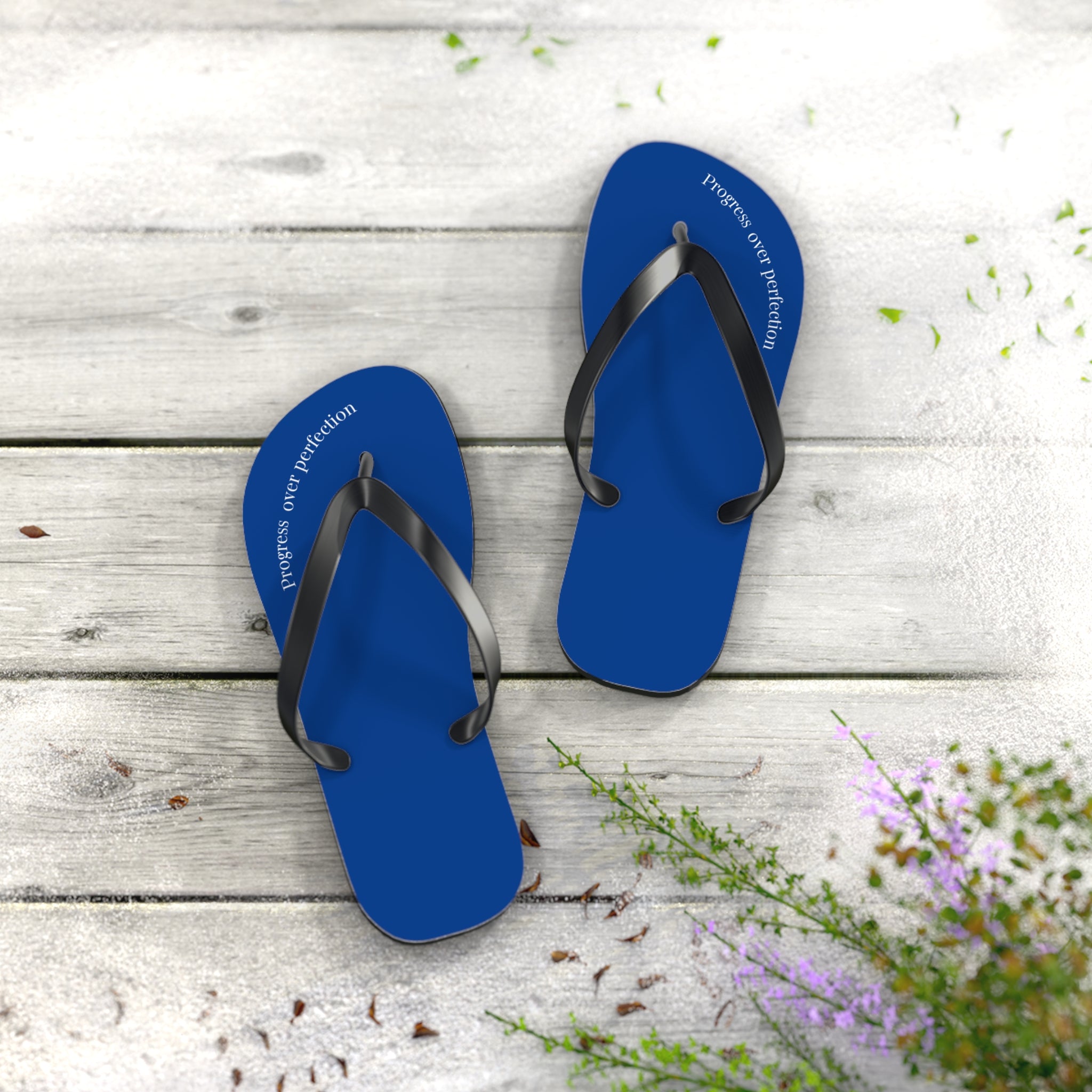 Blue Progress Over Perfection Flip Flops
