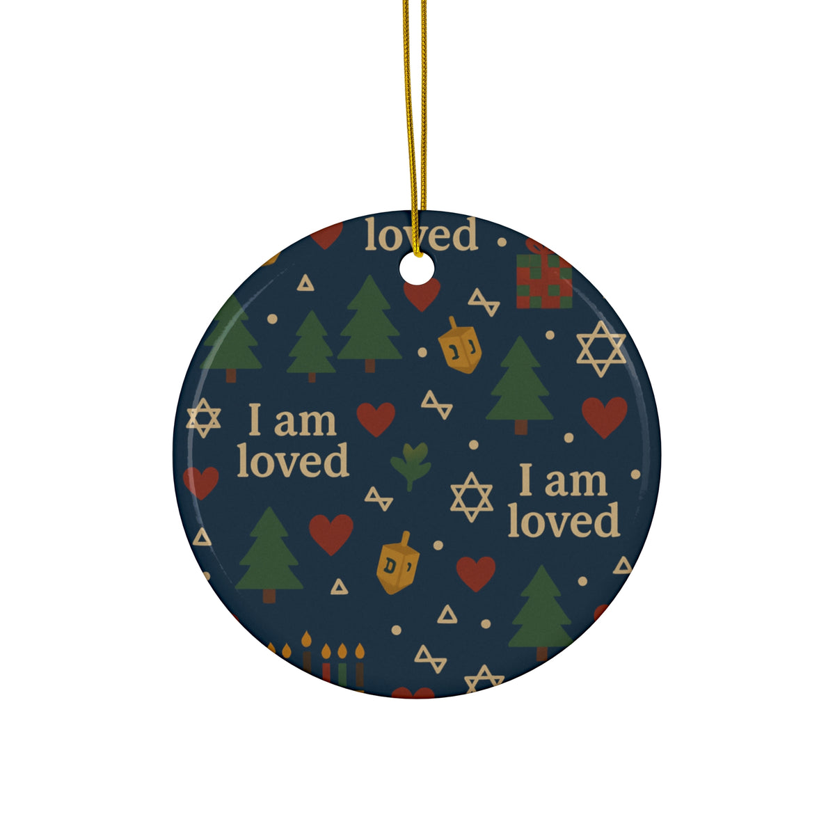 I Am Loved ceramic affirmation ornament with navy holiday pattern – alternate view