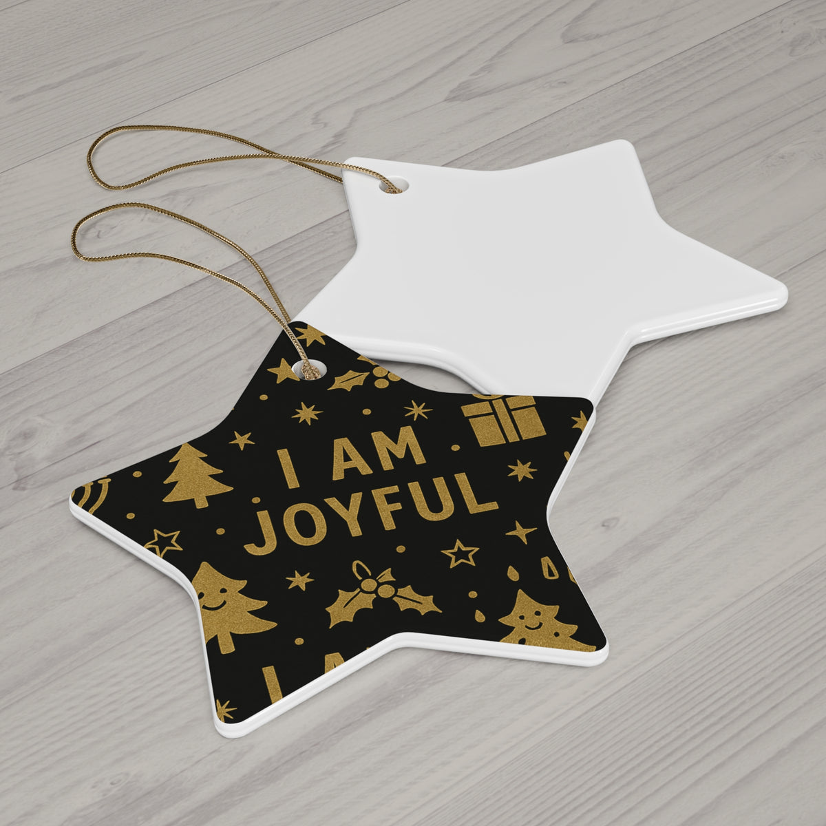 I Am Joyful black and gold ceramic affirmation ornament – another shape