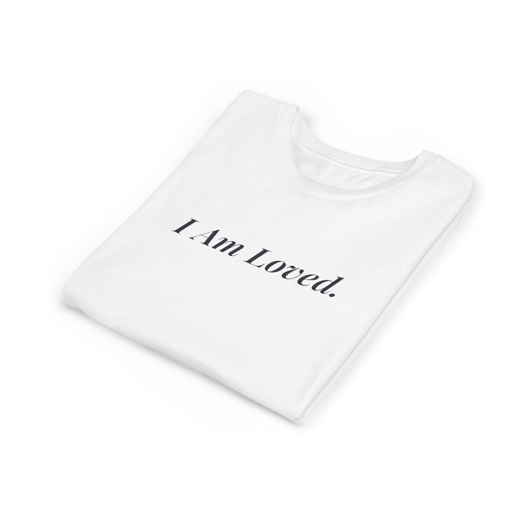 I Am Loved kids affirmation t-shirt with navy script lettering – additional view
