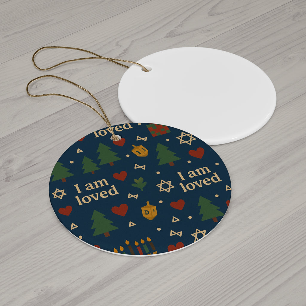 I Am Loved ceramic affirmation ornament with navy holiday pattern – another shape