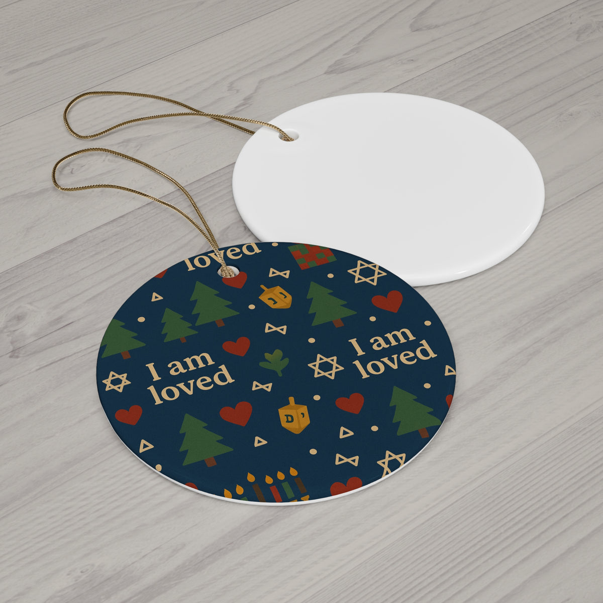 I Am Loved ceramic affirmation ornament with navy holiday pattern – another shape