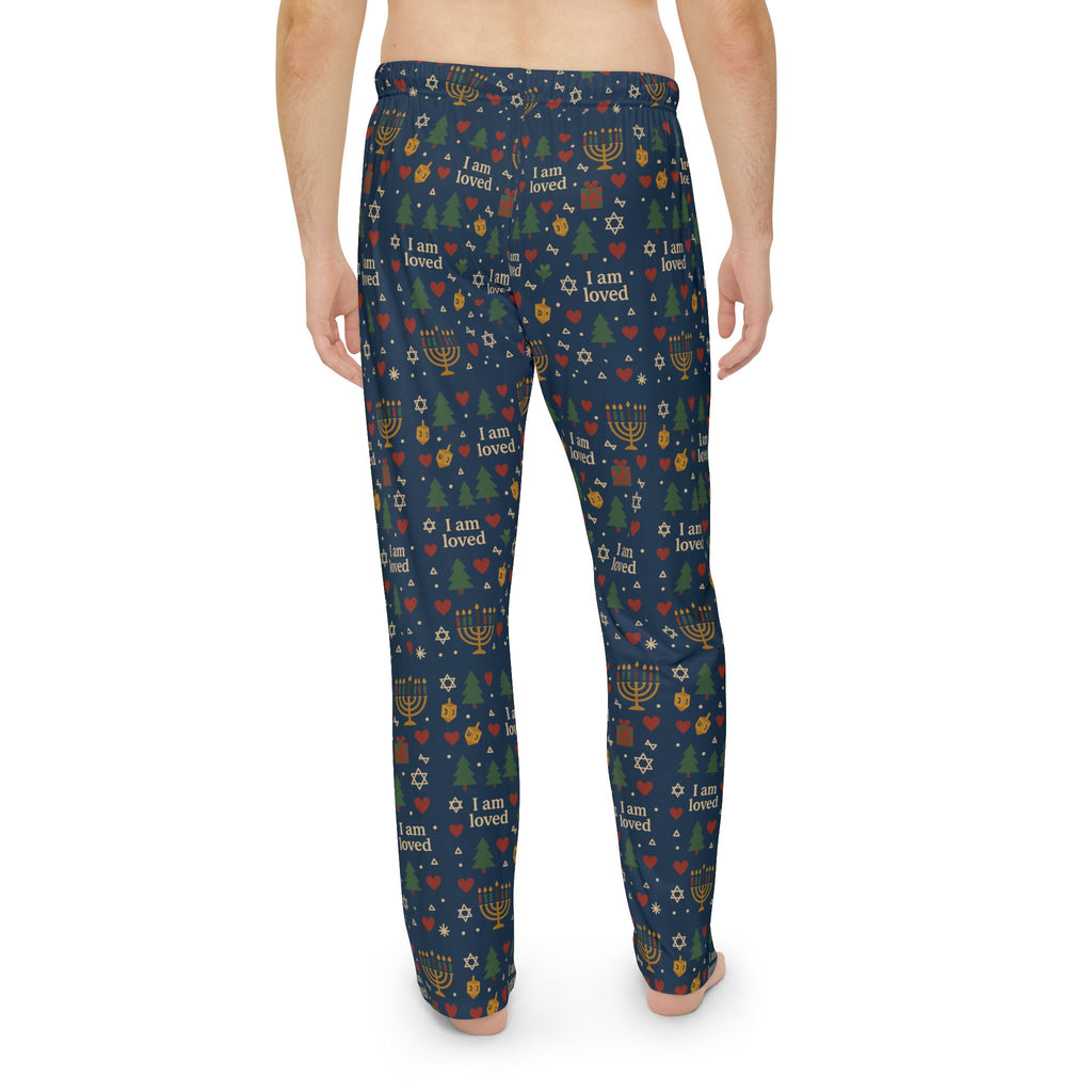 I Am Loved men's holiday pajama pants with Christmas trees, menorahs and hearts on navy – additional view