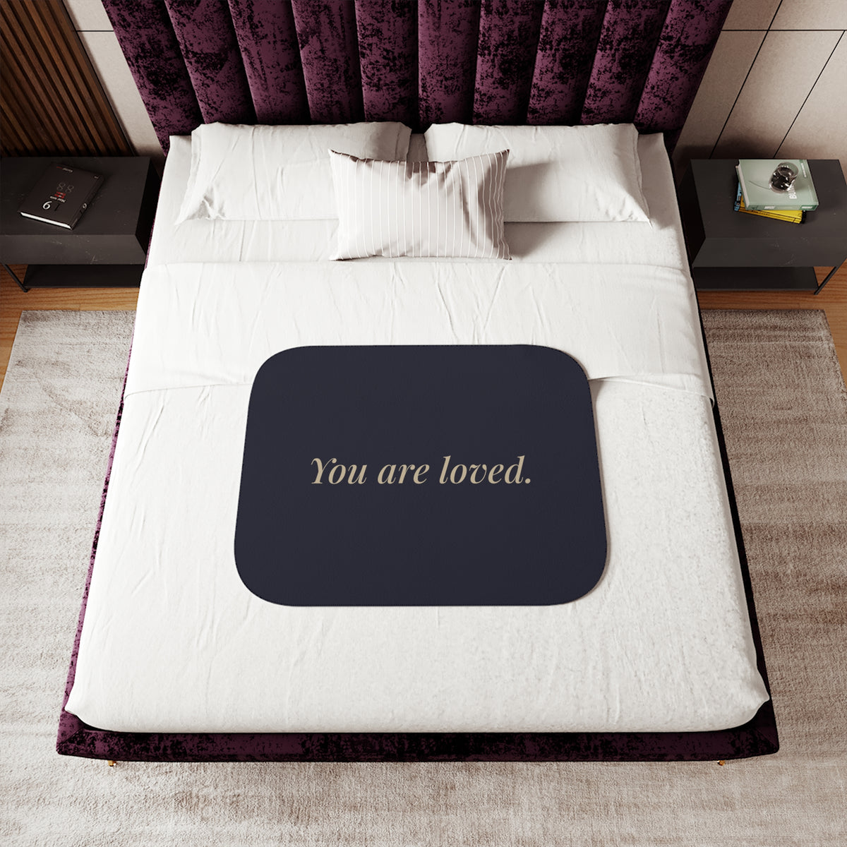 You Are Loved navy sherpa blanket with gold affirmation script – additional view