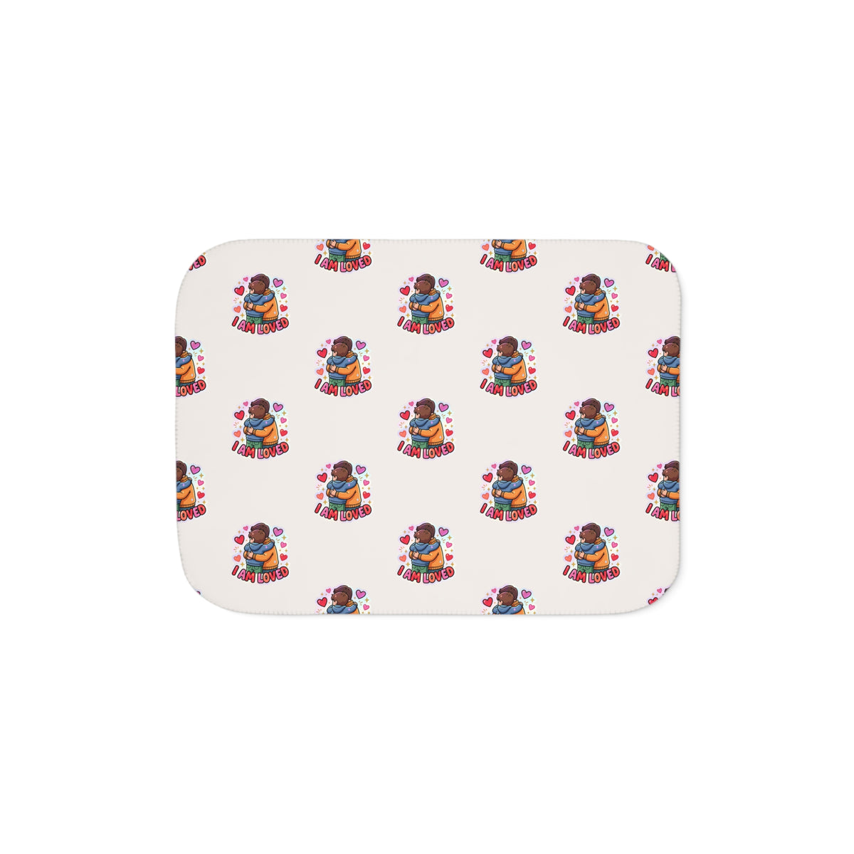 I Am Loved sherpa blanket with a repeating pattern of children hugging and hearts on cream – additional view