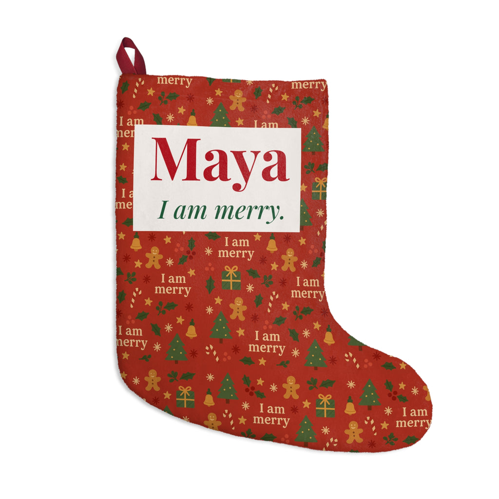 Personalized red gingerbread Christmas stocking with child's name and "I am merry." on a cream panel – additional view