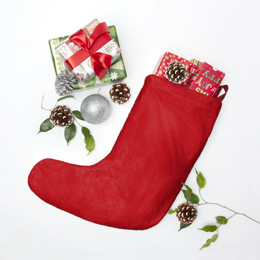Personalized red gingerbread Christmas stocking with child's name and "I am merry." on a cream panel – additional view
