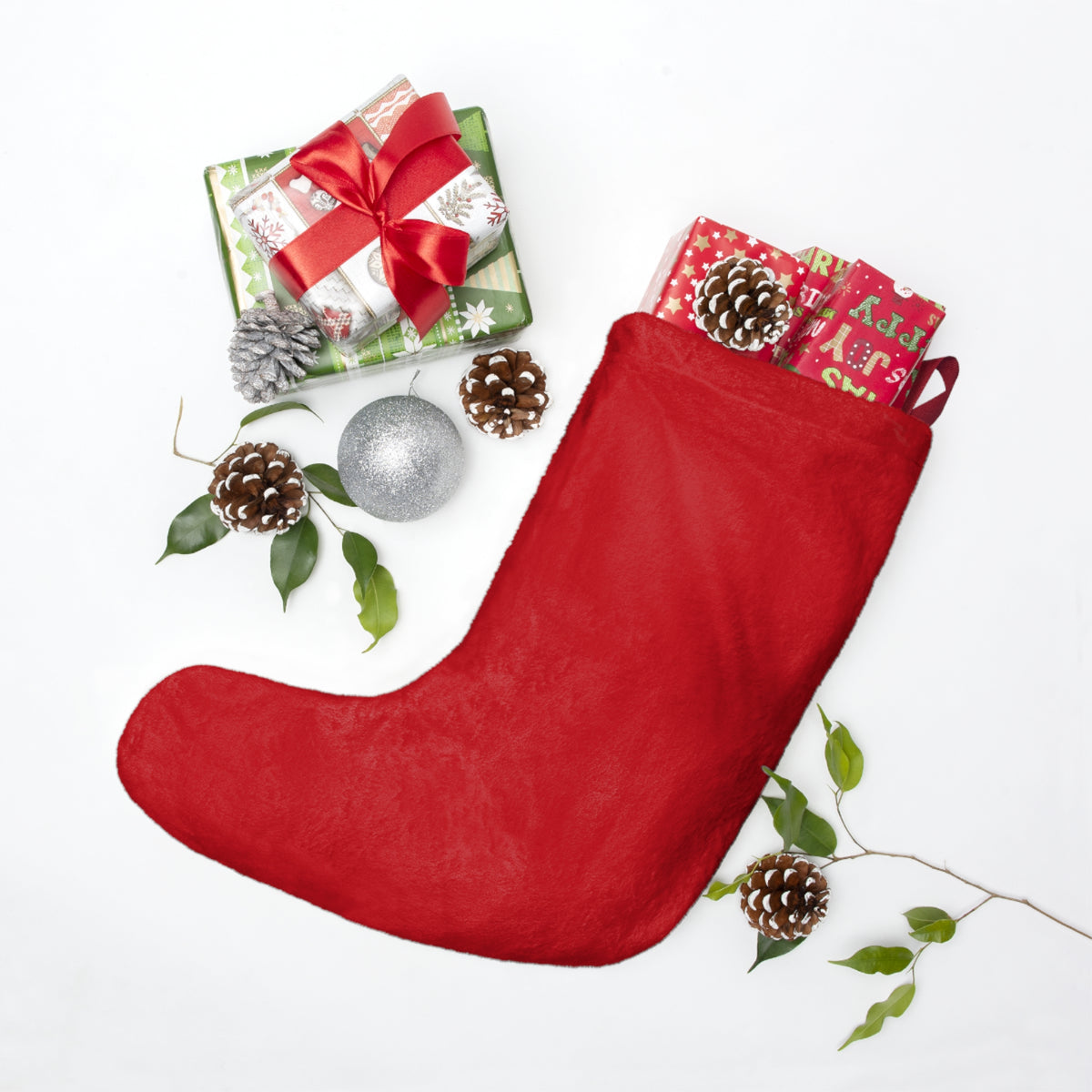 Personalized red gingerbread Christmas stocking with child's name and "I am merry." on a cream panel – additional view