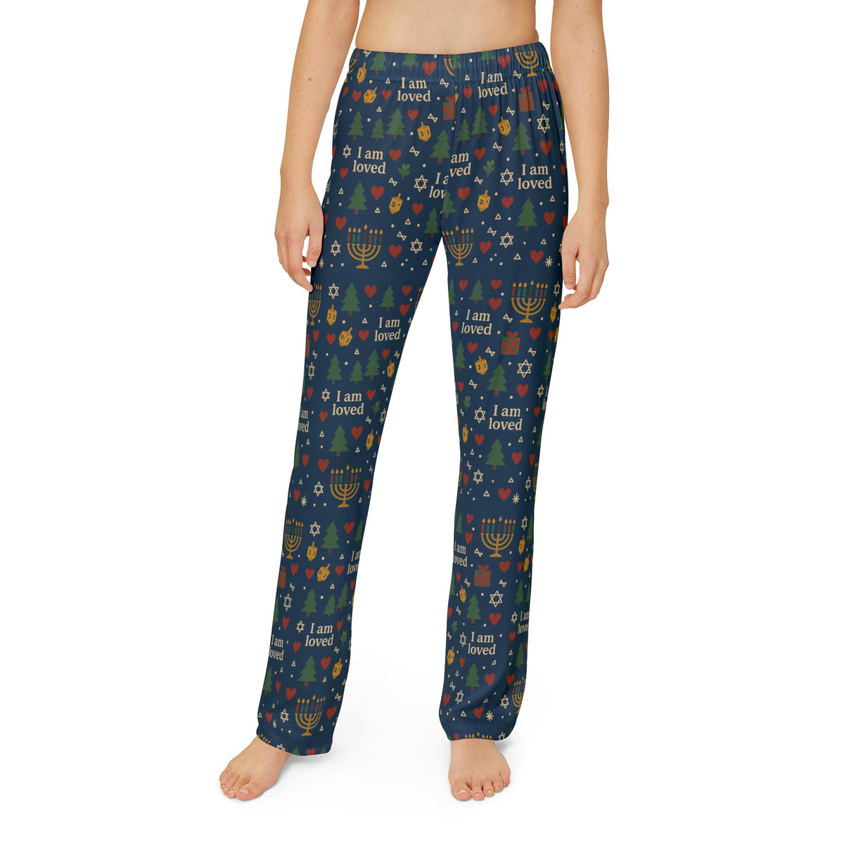 I Am Loved kids' holiday lounge pants with Christmas trees, menorahs and hearts on navy