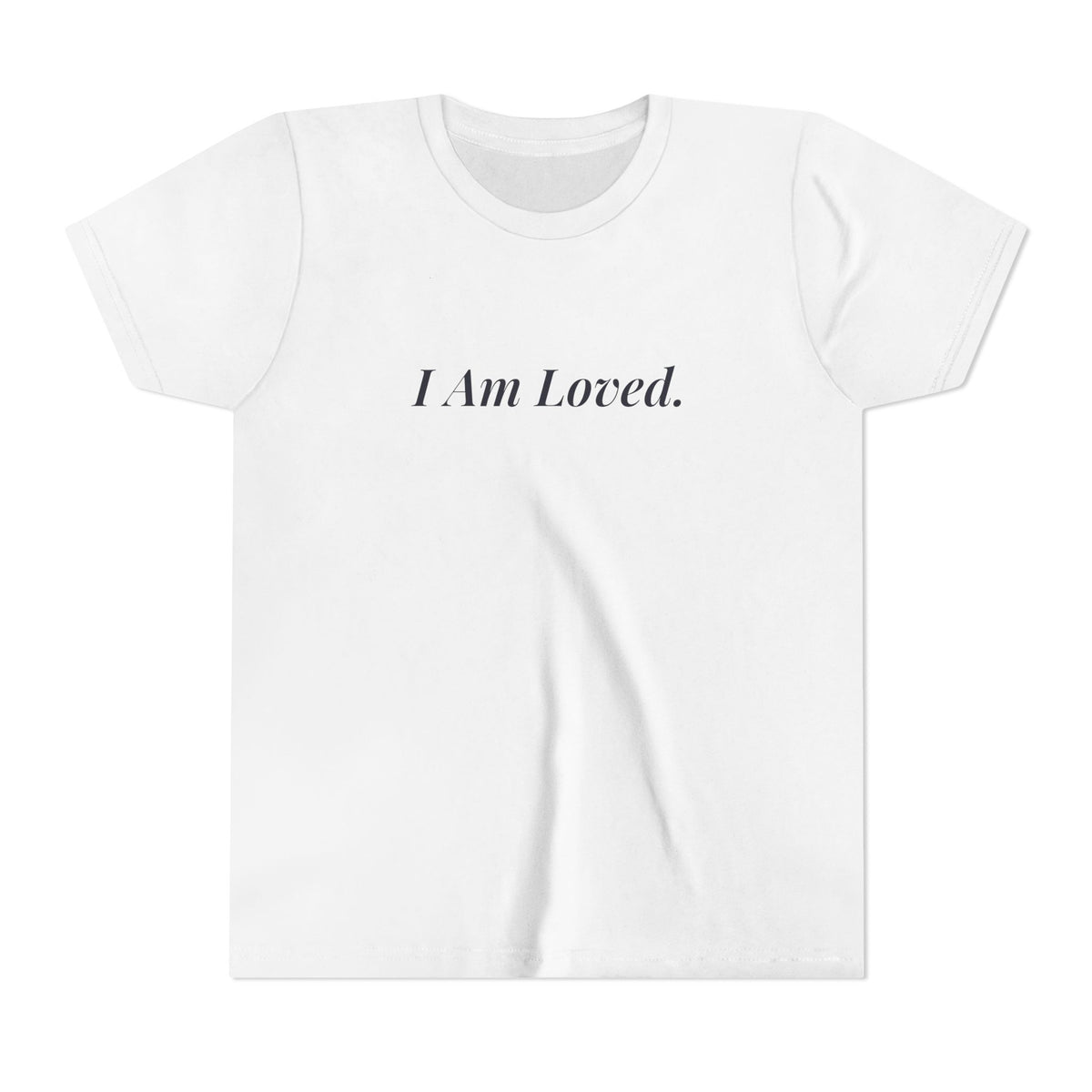 I Am Loved kids affirmation t-shirt with navy script lettering – additional view