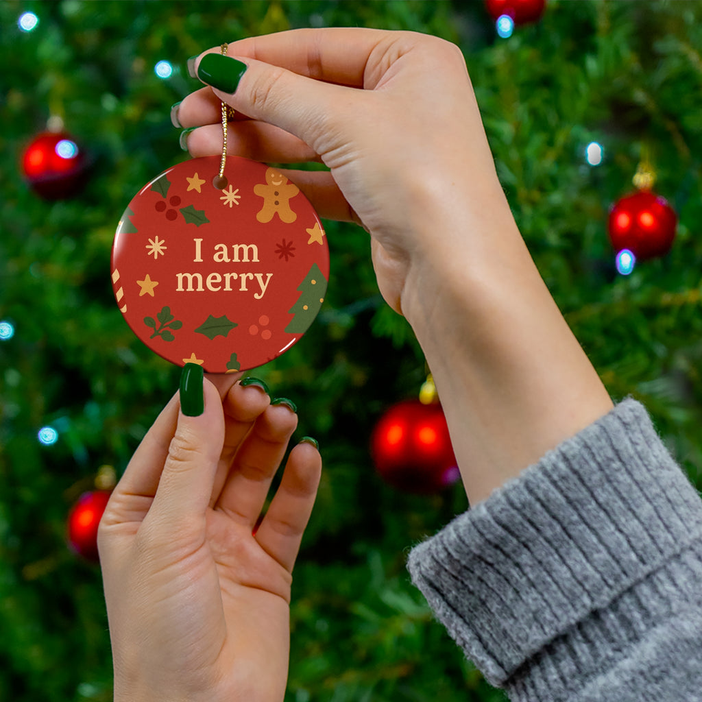 I Am Merry red gingerbread ceramic affirmation ornament – another shape