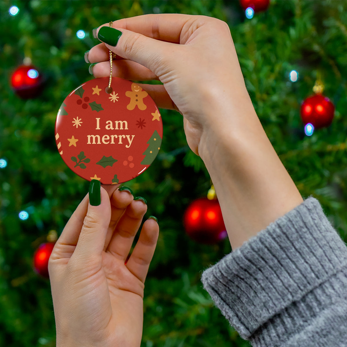 I Am Merry red gingerbread ceramic affirmation ornament – another shape
