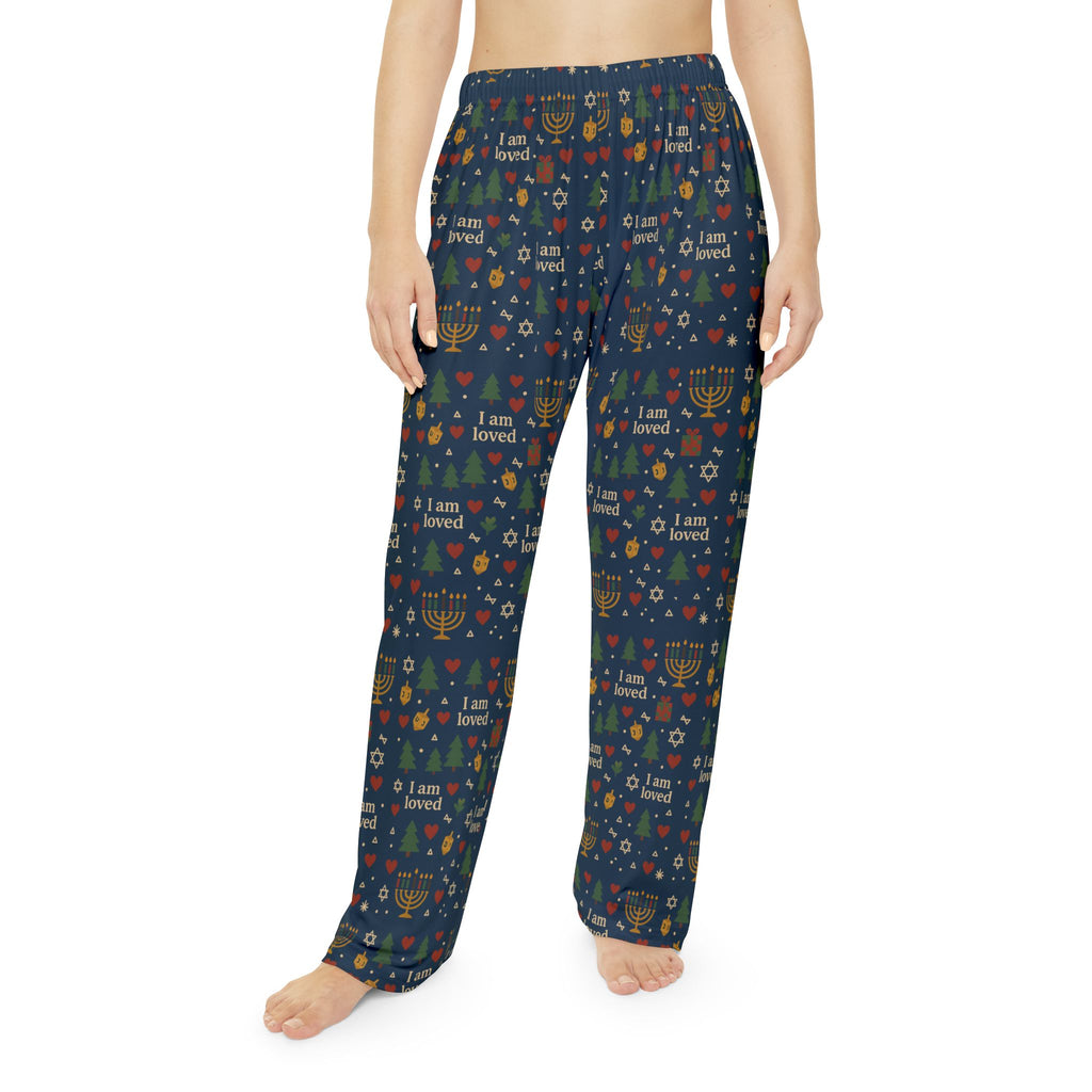 I Am Loved women's holiday pajama pants with Christmas trees, menorahs and hearts on navy – additional view