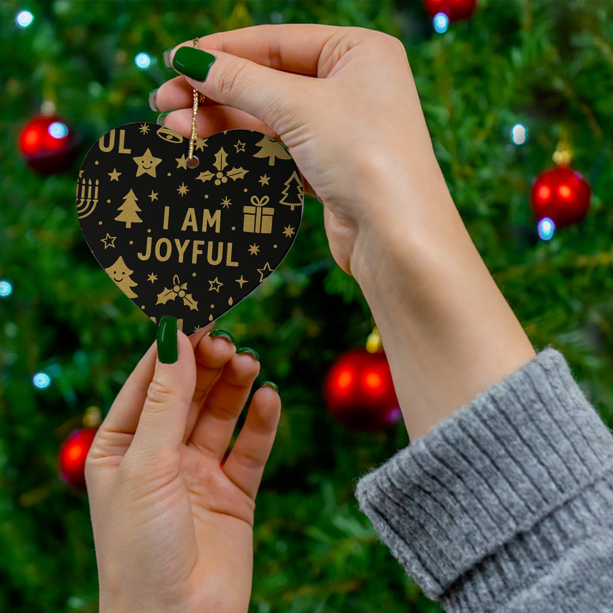 I Am Joyful black and gold ceramic affirmation ornament – another shape