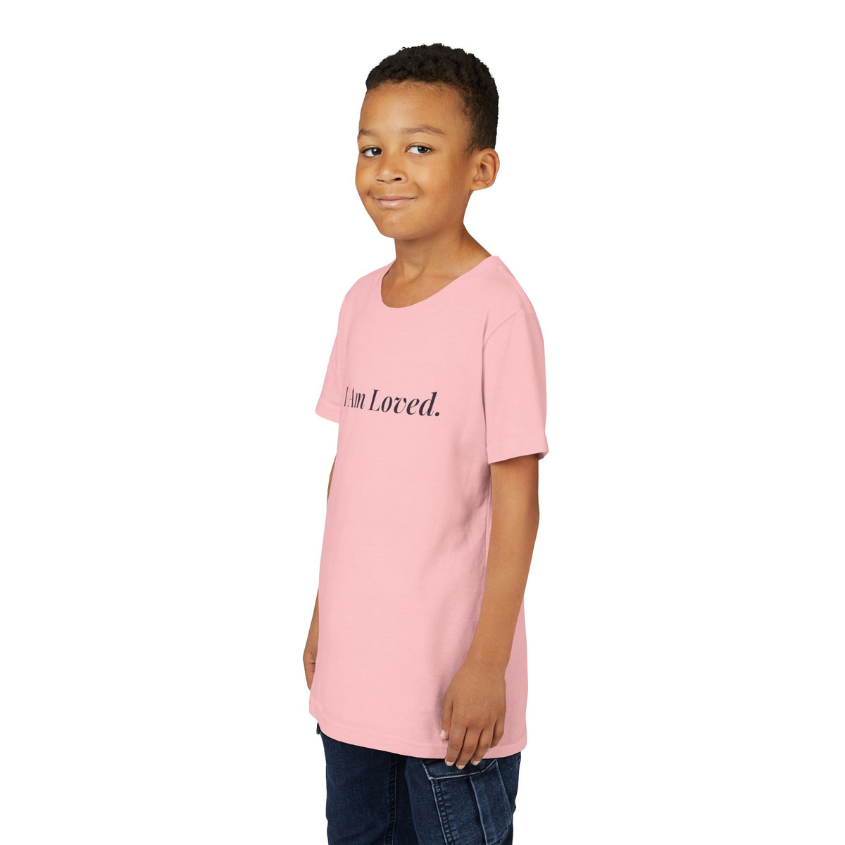 I Am Loved kids affirmation t-shirt with navy script lettering – additional view