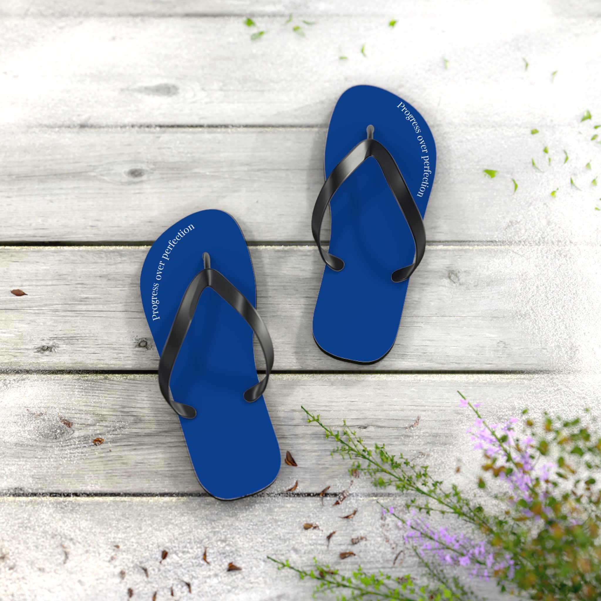 Blue Progress Over Perfection Flip Flops