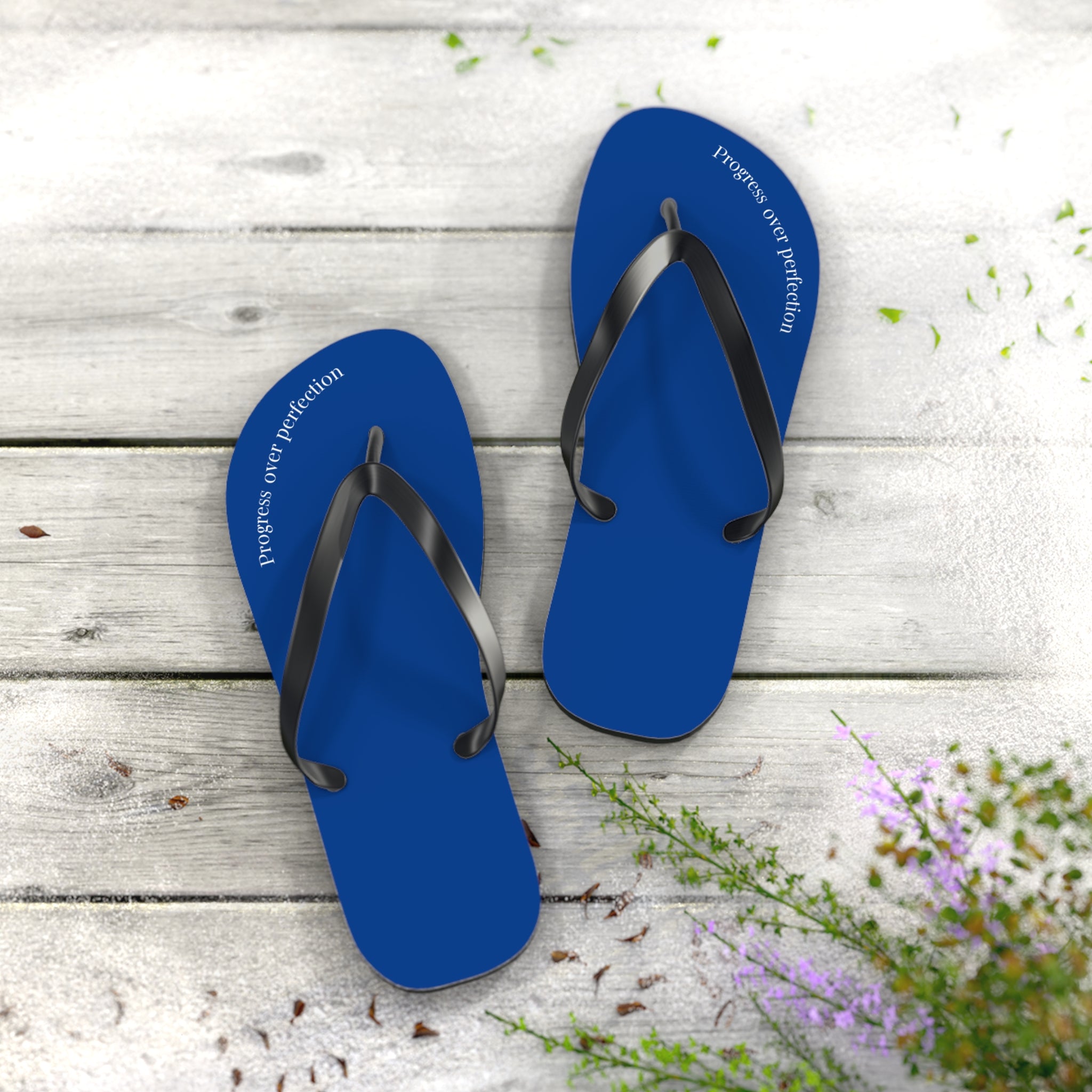 Blue Progress Over Perfection Flip Flops