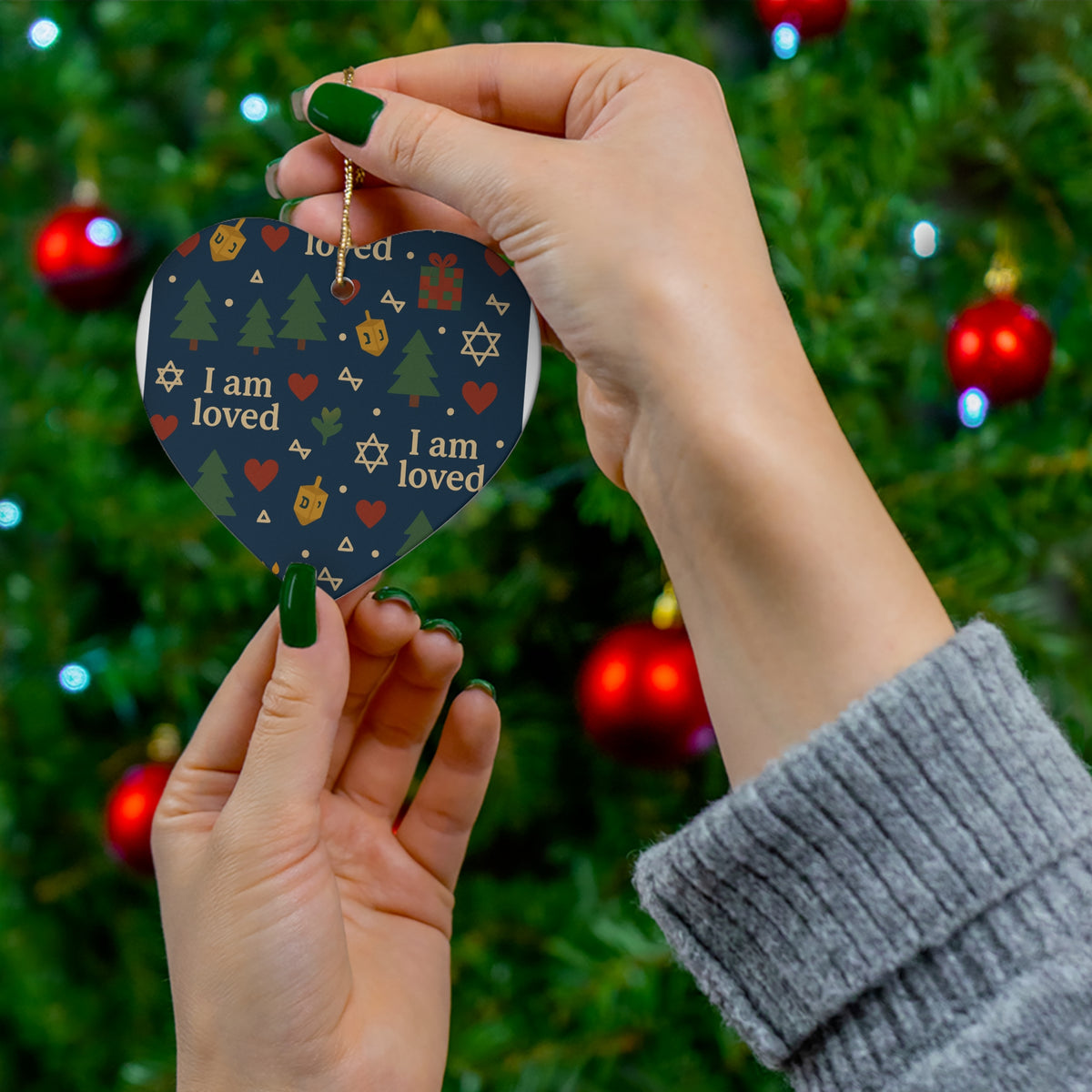I Am Loved ceramic affirmation ornament with navy holiday pattern – another shape