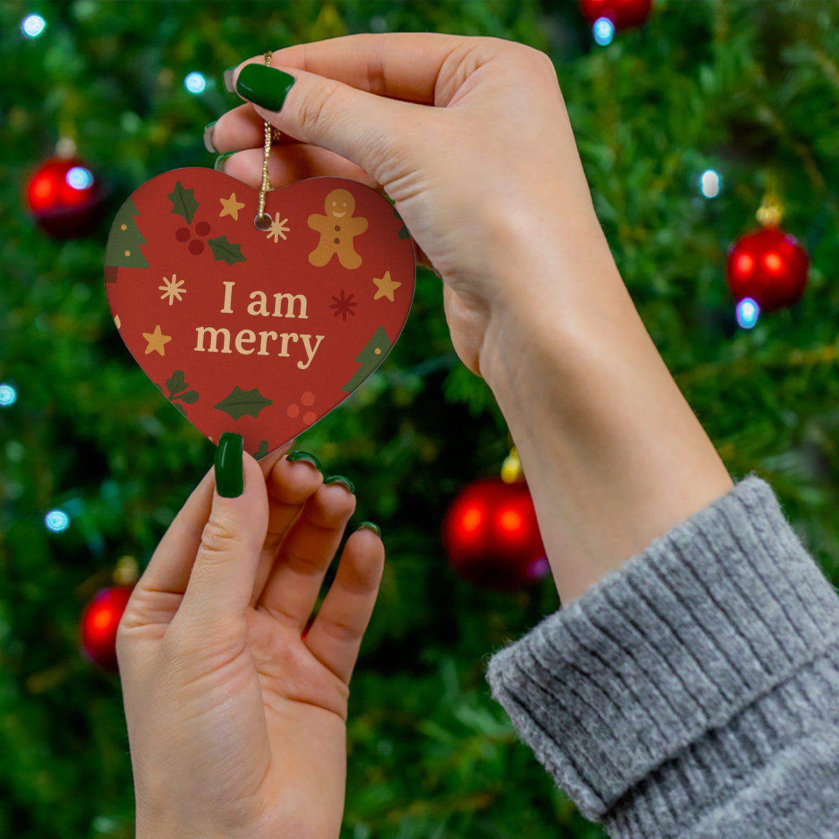I Am Merry red gingerbread ceramic affirmation ornament – another shape