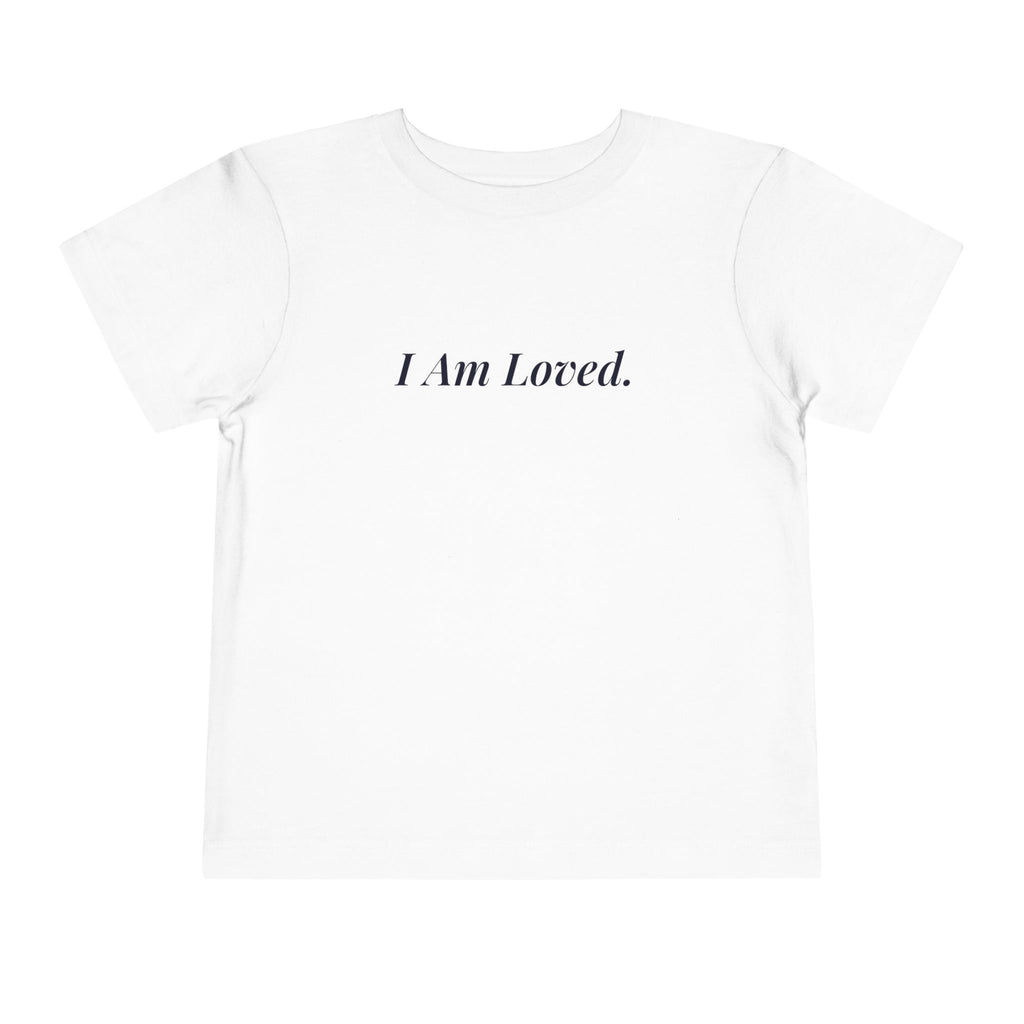 I Am Loved toddler affirmation t-shirt with navy script lettering – additional view