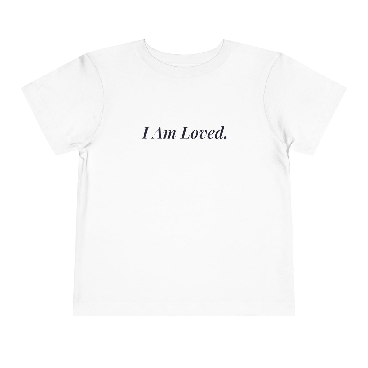 I Am Loved toddler affirmation t-shirt with navy script lettering – additional view