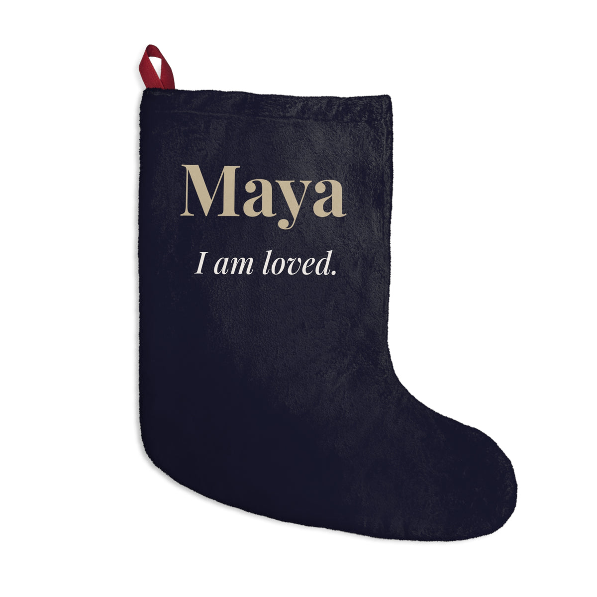 Personalized navy Christmas stocking with child's name in gold and "I am loved." affirmation – additional view