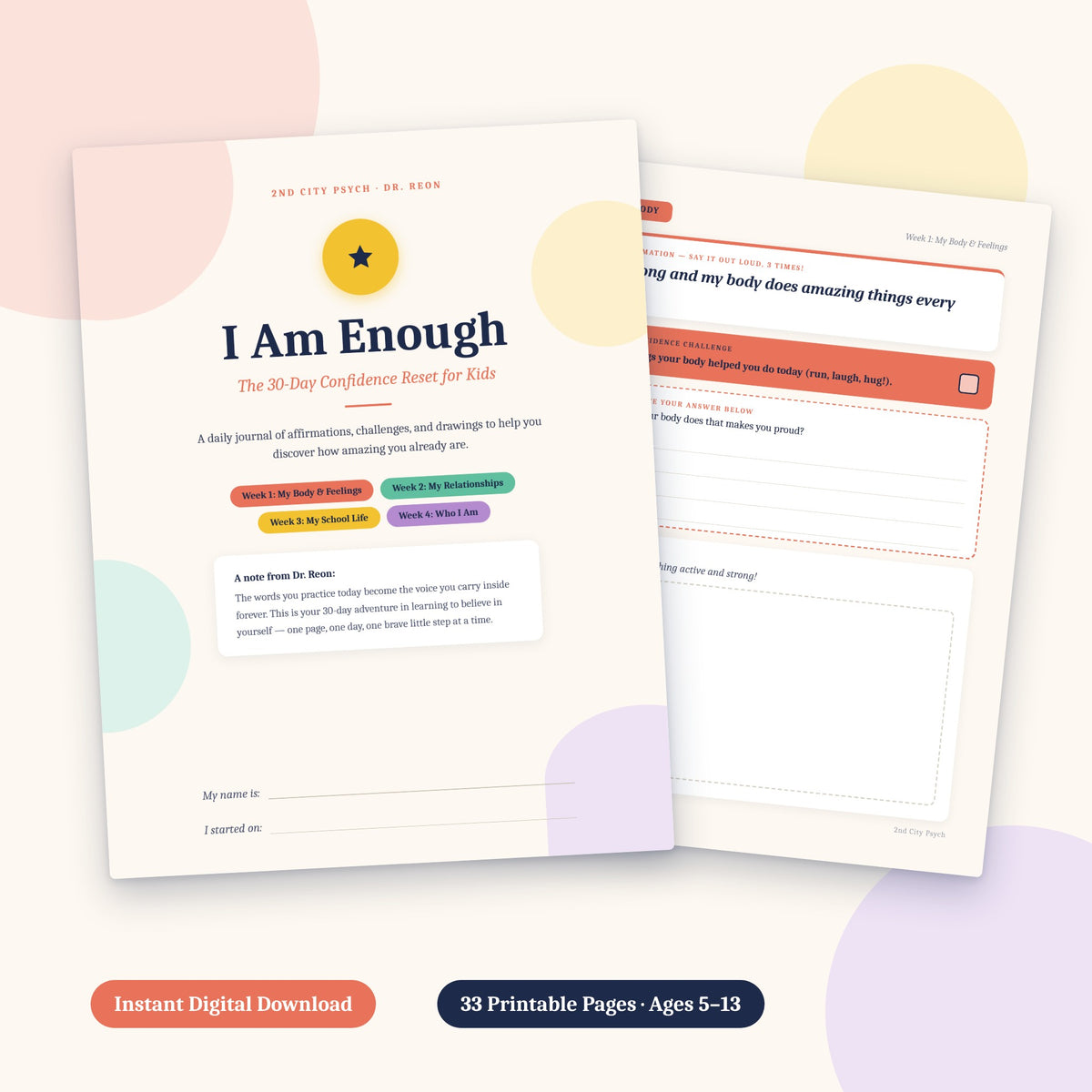 I Am Enough: The 30-Day Confidence Reset for Kids printable journal cover by Dr. Reon